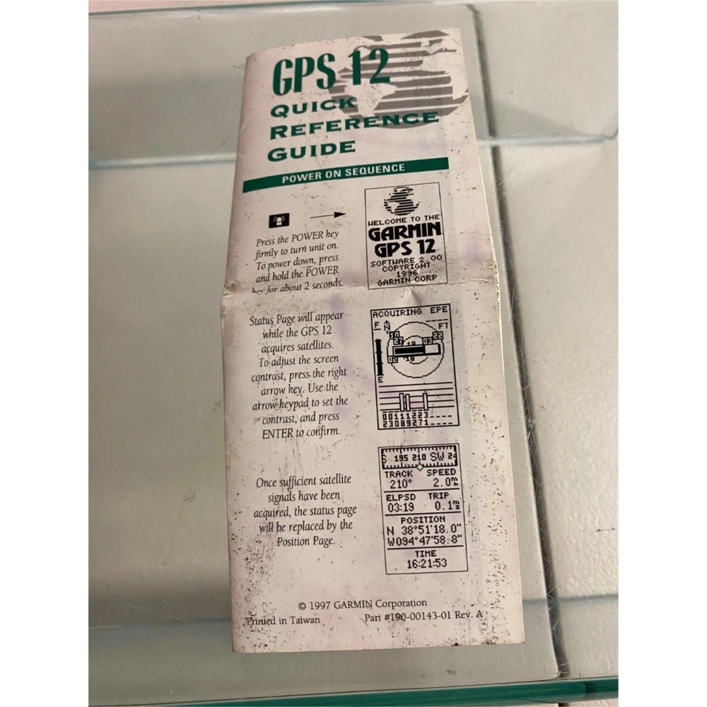 Garmin GPS 12 Quick Reference Guide Vintage 1997 Manual Part 190-00143-01 Rev A